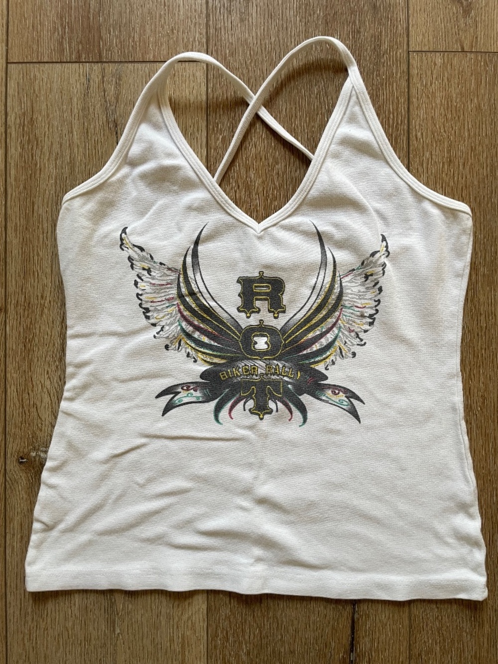 Brightline Y2K Biker Rally Crisscross-Strap White Tank Top Size L